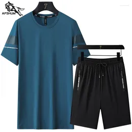 Men's Tracksuits Tracksuit Men Set Size L-6XL 7XL 8XL 2 Pieces Sets Summer Splice T-shirt Ice Silk Quick-dry TZ3509