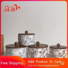 Storage Bottles Retro Floral Ceramic Bowl With Lid Kitchen Sealed Tank Food Container Household Jewellery Box