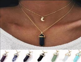 DHL Natural Stones Favor Moon Pendants Necklace Double Layer Gold Link Chains Women Crystal Quartz Bullet Hexagonal Prism Point He5509816