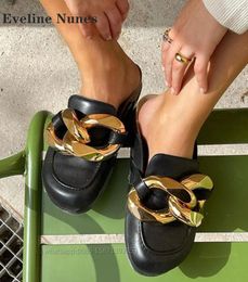 Slippers Mental Buckle Gold Chain Slides Round Toe Flat With Solid Slingback Women Sandals Slip On Patchwork Retro Mules Summer Casual