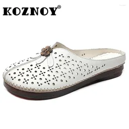 Slippers Koznoy 2.5cm Ethnic Summer Cow Soft Flats Leisure Autumn Loafer Genuine Leather Comfy Hollow Women Spring Lace Up Ladies Shoes