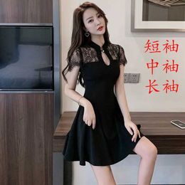 huangLace dress summer 2024 new oversized womens cheongsam improved version Hepburn dress small black dress high waisted