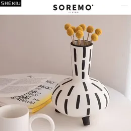 Vases Modern Hand-painted Ceramic Geometric Vase Black And White Retro Living Room Coffee Table Decoration Flower Home