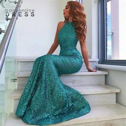 Hunter Green Sequined Prom Dresses Sexy Halter Neck Sleeveless Mermaid Women Occasion Evening Party Gowns Formal Vestidos6529517