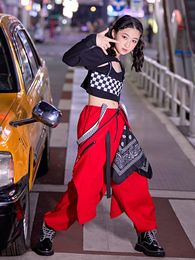 Jazz Dance Costume Girls Street Dancing Performance Wear Plaid Tops Red Bodysuit Birthday Party Clothing Hip Hop Outfit VDB5995
