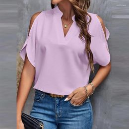 Women's Blouses High Street Cold Shoulder Summer Blouse Casual Women Solid Hollow Sleeve Temperament Shirts Elegant 2024 V-Neck Pullover