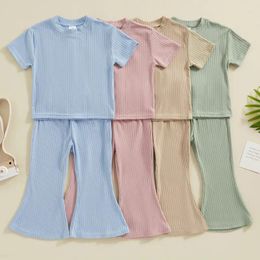 Clothing Sets Toddler Girls Summer Pants Short Sleeve Crewneck Tops Solid Colour Flared