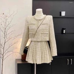 Work Dresses Small Fragrance Wind Tweed Two Piece Set For Women Sequin Decoration Outfit Beading Pearl Cropped Jacket Coat Mini Pleated