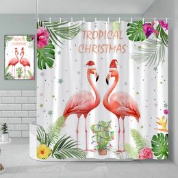 Winter Shower Curtain, Christmas Snowman Flamingo Christmas Tree Red Bird Holiday Farm Forest Scenery, Bathroom Decorations