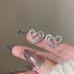 Stud Earrings Pink Heart-shaped Zircon For Women Girl Simple Korean Fashion Silver Color Needle Ear Buckles Earring Y2K Jewelry