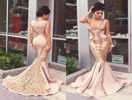 2021 New Blush Pink Gold Lace Evening Dresses Appliques Beads Mermaid Formal Arabic Evening Gowns Prom Dresses UNeck Sleeveless P3942599