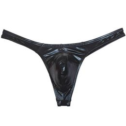 Sexy Men Oil-Shiny Thong Leather Panties Like T-back Underwear Male Stretchy G-string Solid Mini Bikini Thong Bulge Pouch Pant