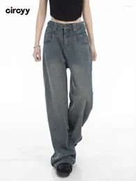 Women's Jeans Circyy Women High Waisted Summer Pockets Full Length Wide Leg Denim Pants Streetwear Vintage Button Loose Trousers