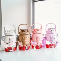 Tumblers Cartoon Portable Cup Large Capacity Kettle 1100ml Cute Bear Plastic Can Be Crossbody Straw