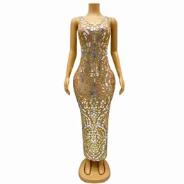 Stage Wear Luxurious Gold Mirrors Rhinestones Dress Evening Birthday Celebrate Party Film Festival Costume Fenglinhua