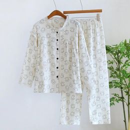 Home Clothing Spring / Summer Thin Cotton Gauze Household Clothes Long Sleeve Sweet Lace Pajama Set Round Neck Crepe Sleepwear 2 Piece Sets