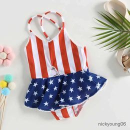 One-Pieces Kid Girls Romper Swimsuit Sleeveless V Neck Cutout Beach Pool Bodysuit Swimwear Short Romper for Independence Day