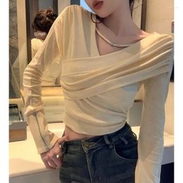 Women's T Shirts Vintage Solid Color Casual Zipper Long-sleeved T-shirt Women 2024 Spring V-neck Cross Pleated Sexy Slim Crop Tops