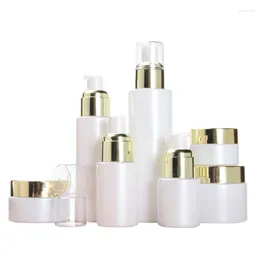 Storage Bottles 100pcs Empty 20g 30g 50g Glass Jar 20ml 30ml 60ml 100ml 120ml White Pump Lotion Spray Bottle Gold Colour Lids