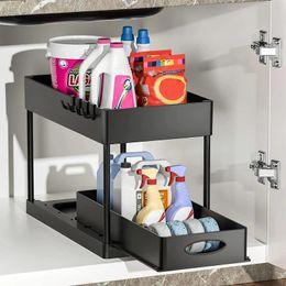 Kitchen Storage Organiser Supplies Under Sink Sliding Drawers Shelves Black Cabinet Basket Rack Bathroom