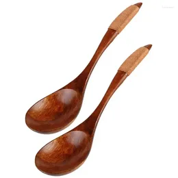 Spoons 2pcs Wooden Creative Soup Spoon Japanese Style With Tied Line On Handle Vintage Tableware For Bamboo Kitchen