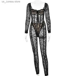 Women's Jumpsuits Rompers Gtpdpllt Shr Lace Bodycon Jumpsuits for Woman Long Slve Sexy Lingerine Outfit Fall Winter Club Outfits For Women Rompers 1 T240415