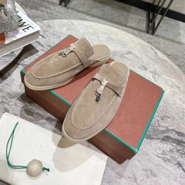 Slippers Shoes For Women Size35-45 Natural Kid Suede Couple Low Heels Mules Metal Decoration Designer Men Zapatillas Mujer