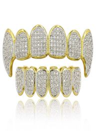 Hip Hop Grillz Luxury Glaring Zircon Micro Pave Dental Grills 2019 Fashion Men Women 18K Gold Plated Teeth Brace 2Piece Set Whole9265938