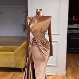 Elegant Veet Mermaid Evening Dresses Long Sleeves Crystals Sparkly Split Women High Neck Prom Pageant Dress Custom Made