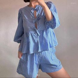 Women's Tracksuits Y2K Vintage 2 Piece Plaid Set Outfits Front Bowknot Tie Up Blouse T-shirt Tops Shorts Loungewear Women Kawaii Mathing