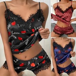 Home Clothing Pajamas Comfortable Women's Two Love Lace Print Homewear Neck Dot Elegant Fashion Set Piece Kawaii Heart Lips Silk