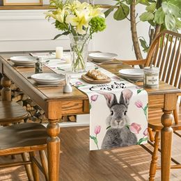 Rabbit Pattern Flower Happy Easter Linen Table Runner Spring Summer Seasonal Farmhouse Holiday Party Kitchen Dining Table Decor