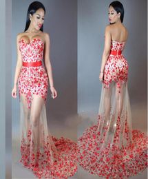 Sexy See Through Red 3D Floral Prom Dresses Strapless Custom Made Tulle Mermaid Beaded Sequined Evening Gowns2749309