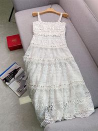 Spring Summer Ivory Floral Lace Dress Spaghetti Strap Square Neck Hollow Out Panelled Midi Casual Dresses C4A124069