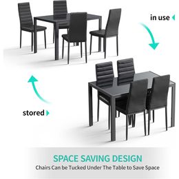 5 Piece Glass Dining Table Set, Kitchen and Chairs for 4, PU Leather Modern Room Sets Home (Black)