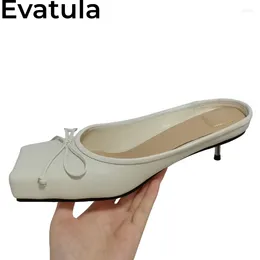 Slippers 2024 Summer Square Toe Bowknot Mid Heel Half Women Designer Genuine Leather Slip On Mules Elegant Ballets Shoes Female