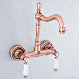 Kitchen Faucets Antique Red Copper Swivel Spout Sink Faucet Wall Mount Bathroom Basin Cold Water Taps Dsf885