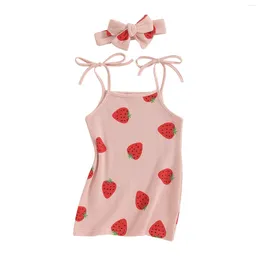 Girl Dresses Toddler Baby Summer Waffle Knit Dress Lovely Strawberry Print Sleeveless Tied Strap Sundress With Headband Party Girls Set