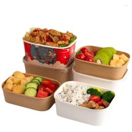 Take Out Containers Disposable Lunch Box Kraft Paper Rectangular Outdoor Picnic Takeout Packaging Salad Light Food With Lid