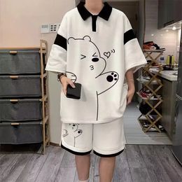 Summer Men Tracksuit Japan Cartoon Streetwear Cool Bear Printed Waffle Shirts Shorts 2 Piece Set Hip Hop Casual Short Suit 2024 240409