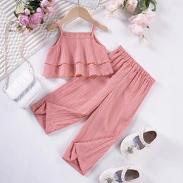 Clothing Sets Girls Solid Colour Suspenders Summer Ruffles Wide Leg Pants 2 Pieces Dress Set White Cute Elegant Baby Clothes