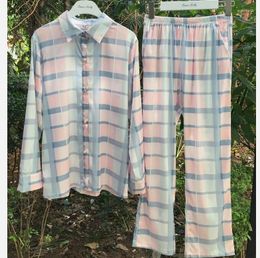 Home Clothing 2024 Spring Fashion Women's Satin Silk Simple Pyjamas Leisure Plaid Button Pants Suit Two Piece Nightwear