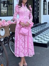 Casual Dresses AELESEEN Runway Fashion Long Lace Dress Women Spring Summer Flare Sleeve Single-breasted Hollow Out Pink Blue Belt With