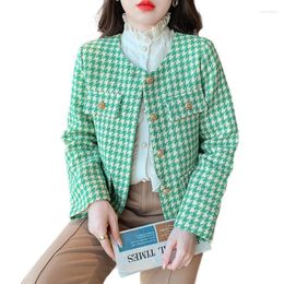 Women's Jackets 2024 Spring Autumn Women O-Neck Long Sleeve Short Jacket High Quality Fashion Green Houndstooth Tweed Casual Outwear