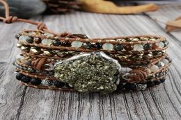 Raw Pyrite Boho Bracelet Mixed Natural Stones 5 Strands Wrap Bracelets Handmade Pyrite Charm Leather Bracelet Women Bracelets CX205038705