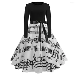 Casual Dresses Printing Music Dress For Women Vintage Evening Prom Long Sleeve Party Wear O Neck Lace-Up Bodycon Women's