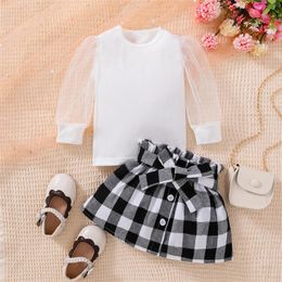 Clothing Sets Fashion Kids Baby Girls Clothes Round Neck Mesh Long Puff Sleeve Tops Bowknot Button Plaid Skirts 2Pcs Born Outfits