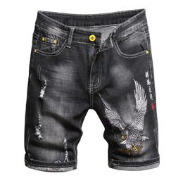 Summer Fashion Mens Denim Shorts Chinese Style Embroidery Classic Black Stretch Slim Casual Short Jeans Trend Streetwear Male 240410