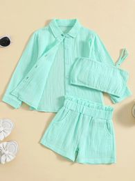 Clothing Sets Cute Toddler Summer Outfit 3-Piece Set Adorable Solid Color Long Sleeve Lapel Button Shirt Camisole Crop Tops And Shorts