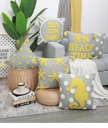 Pillow Ocean Loop Tufted Cover 45x45 Letter Embroidered Decorative Yellow Grey Cotton Linen Case Chair Sofa